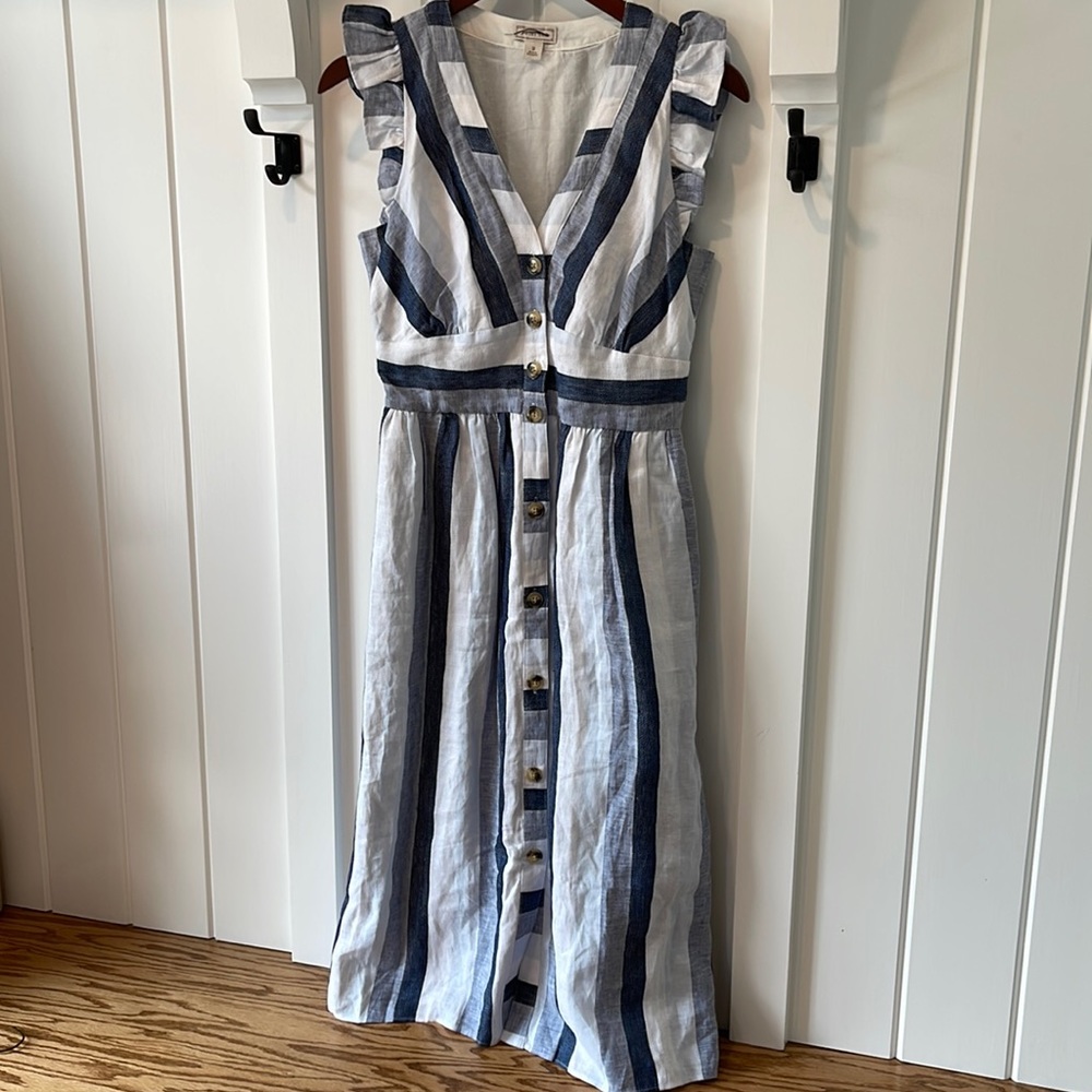 J.Crew Point Sur blue and white linen striped midi dress size 2